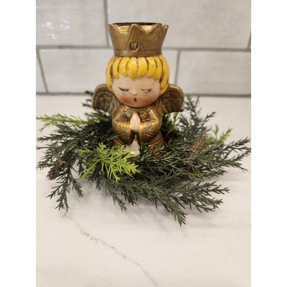 Vtg Caffco Praying Angel Crown Ceramic Tapered Candle Holder Japan Gold W/wreath